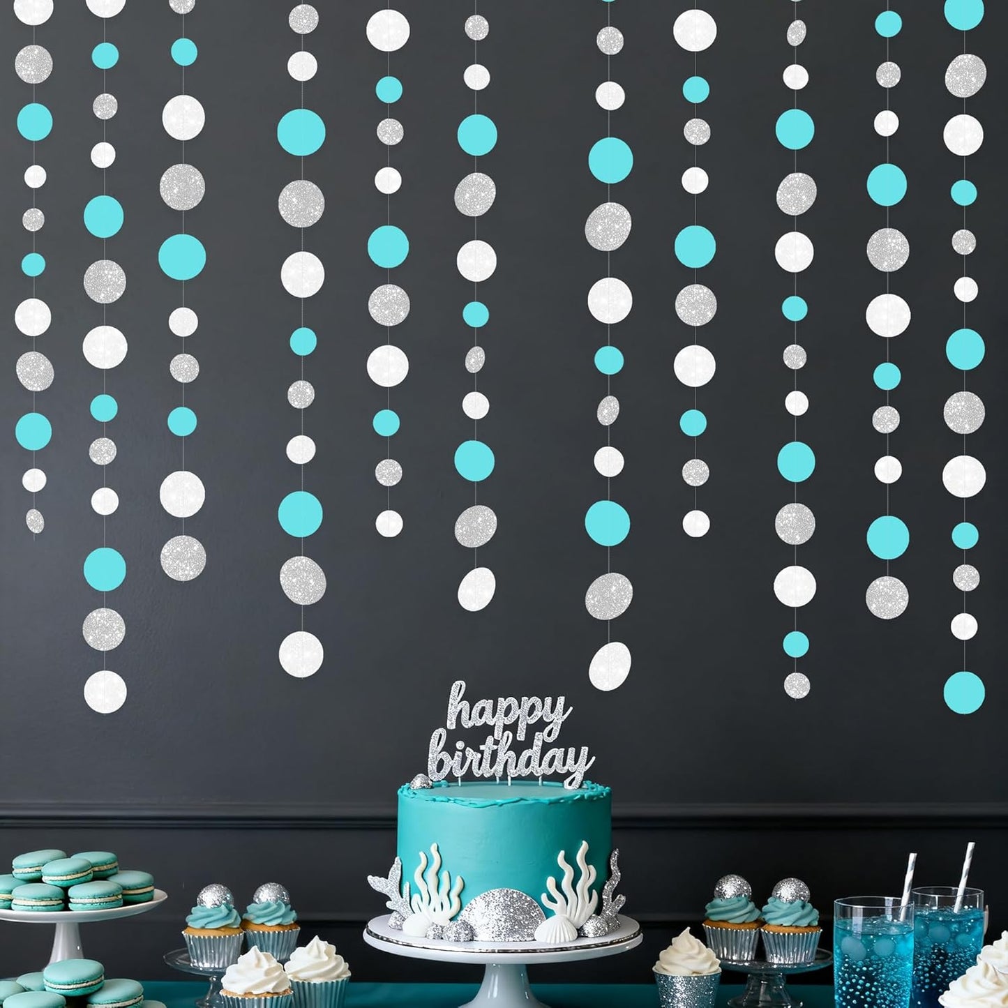 Teal Blue Silver White Party Polka Dot Garland Banner Aqua Turquoise Glitter Silver White Hanging Paper Circle Dots Streamer for Birthday Baby Shower Wedding Bridal Shower Party Decorations Supplies