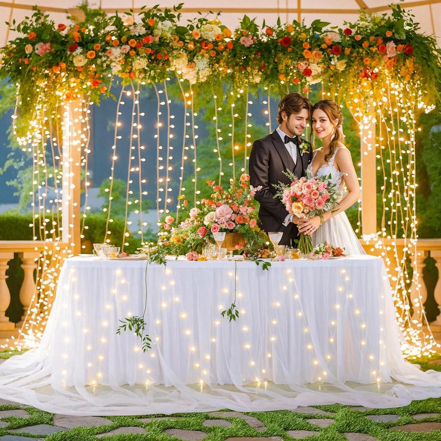 17FT White Tulle Table Skirt for Rectangle or Round Tables, White Tutu Table Skirt with LED Lights for Princess Girl Birthday Party Baby Shower Gender Reveal Wedding Banquet Cake Dessert Decorations