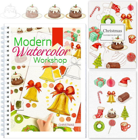 Watercolor Workbooks with Step by Step for Adults Teens - Beginner Watercolor Workbook with 12 Coloring Book Pages -100% Cotton 300gsm/140lb Watercolor Paper(Christmas)