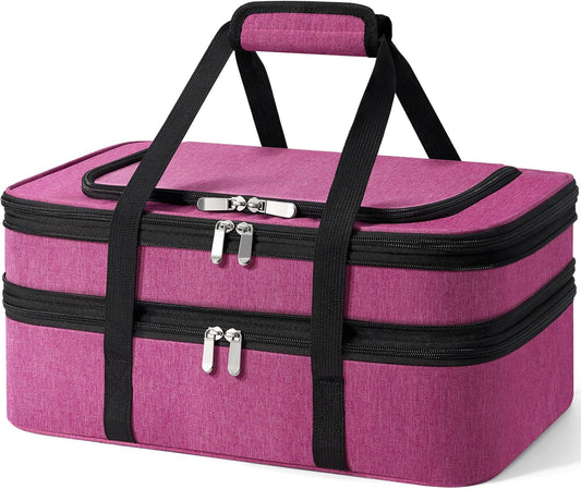 Insulated Double Casserole Carrier - Portable Casserole Carriers for Hot or Cold Food Lunch Tote Warmer or Cooler Bag for Potluck Parties Picnic Cookouts, Fits 9" x 13" Baking Dish - Pink