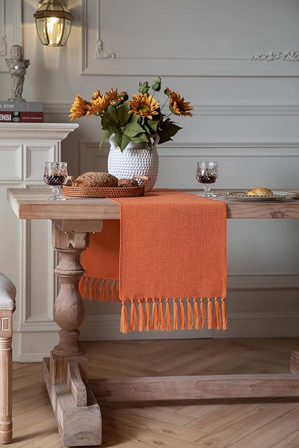 ZeeMart Burnt Orange Table Runners 90 Inches Long, Burlap Linen Style Rustic Farmhouse Fall Table Runner, Long Boho Dining Table Runner, 13x90 Inches, Harvest Pumpkin