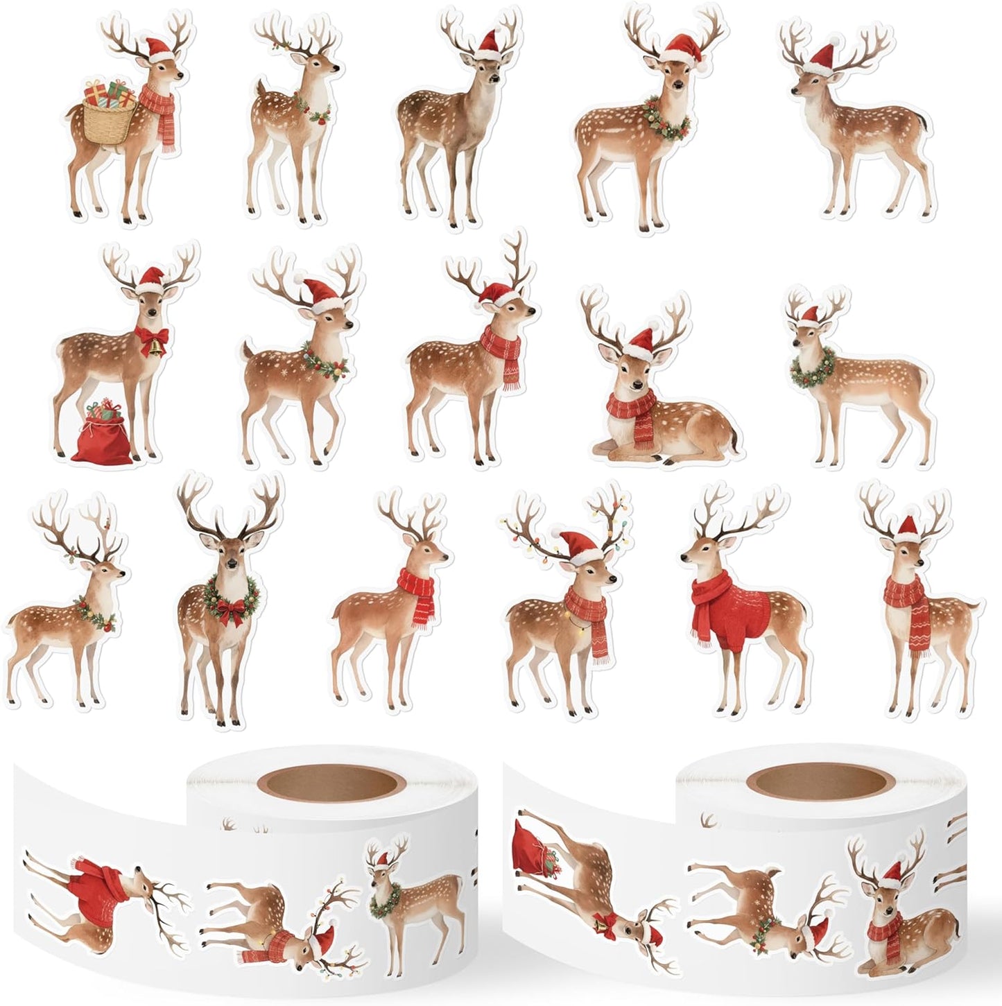 Christmas Watercolor Reindeer Sticker - 16 Elegant Designs with Premium Waterproof Vinyl & Repositionable Adhesive for Gift Wrapping, Scrapbook, Family Crafts, Water Bottle Laptop Decor