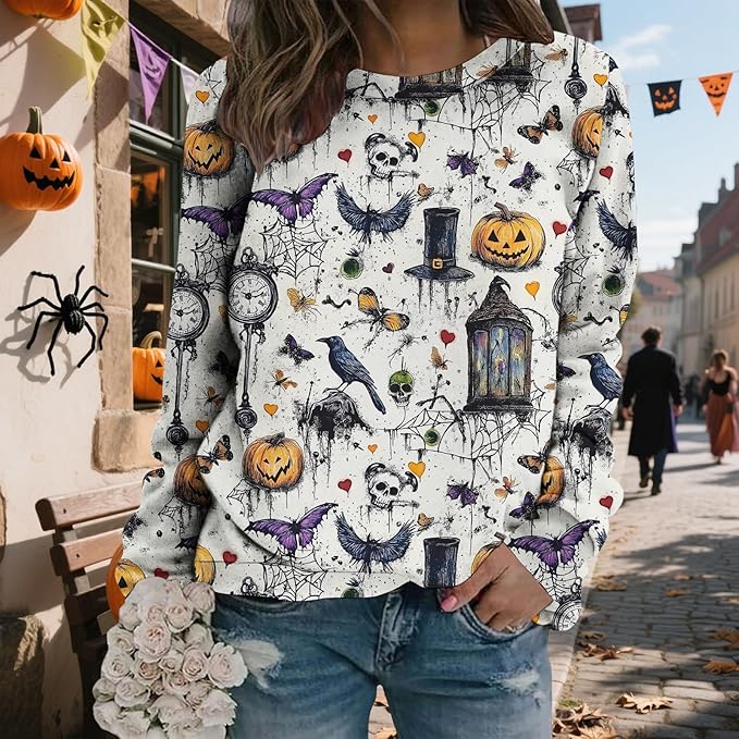 LIZALIG Pullover Cute Sweatshirt Orange Skeleton Fall Festive FunWomens Design Bat Holiday Party Outings Pumpkin Print