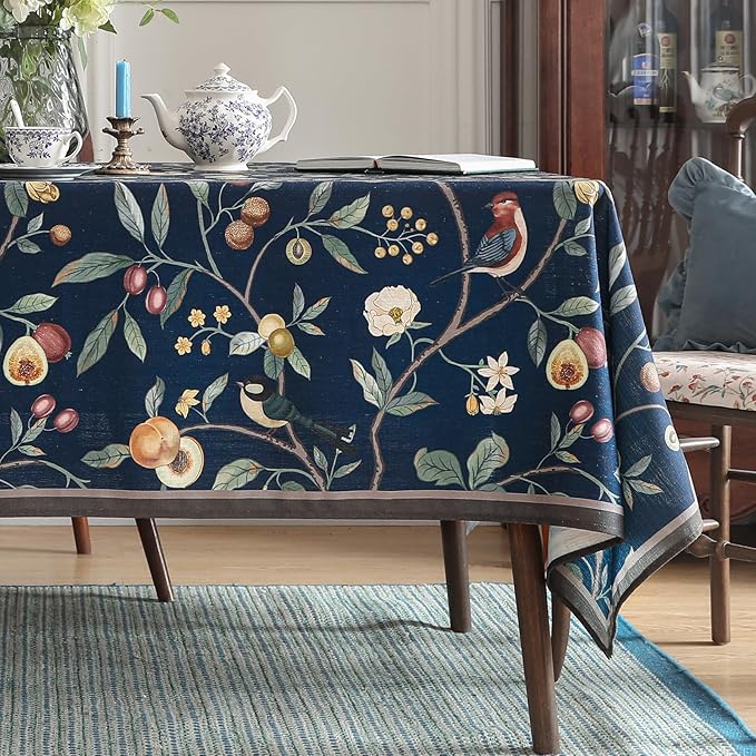 Linen Table Cloth Rectangle,Wrinkle Resistant French Blue Tablecloth Print with Froal,Decor Stitch Table Cloth for Thanksgiving,Dining Room,Home,Kitchen 63" × 87"-DeweyA Blue