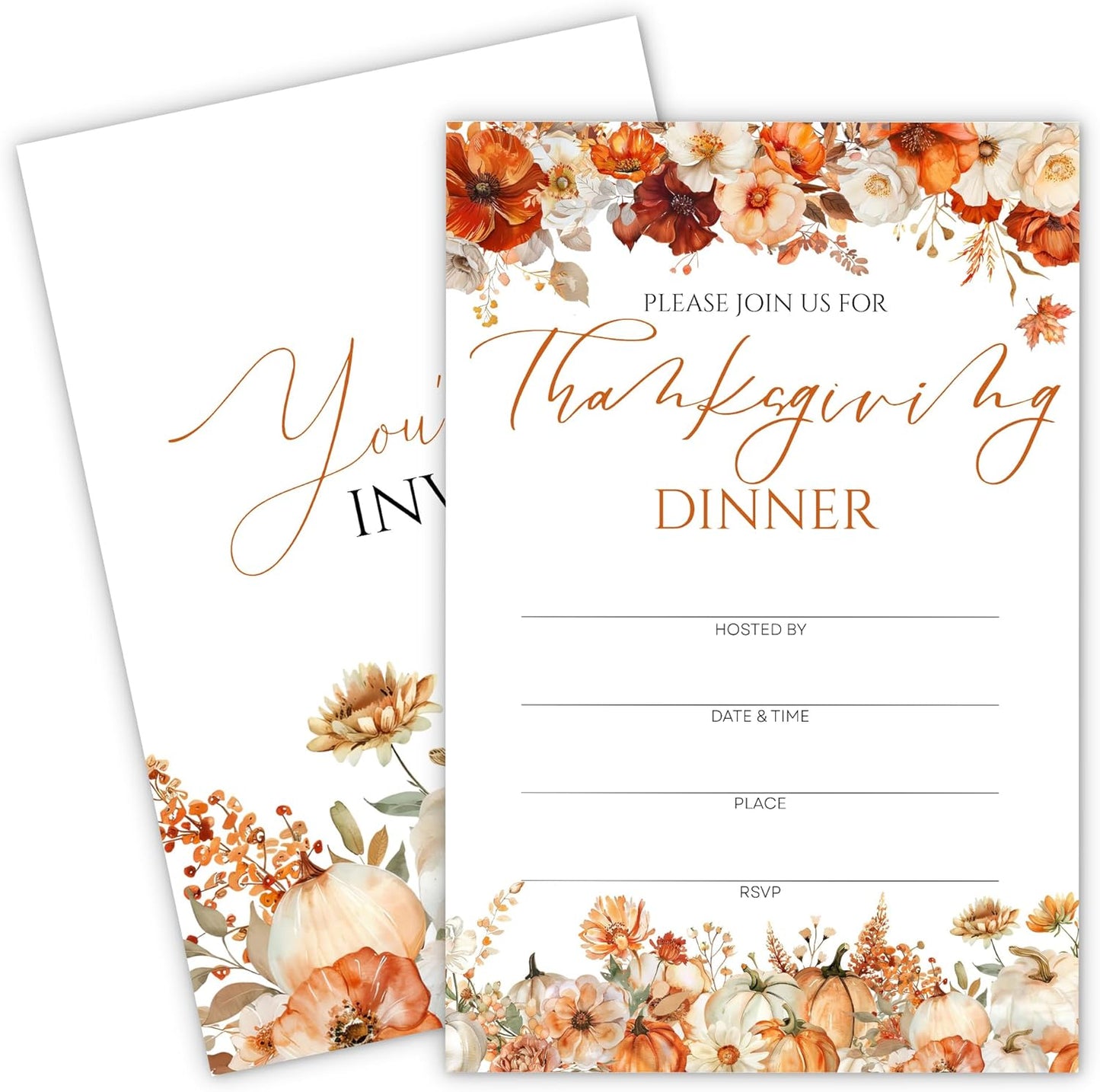Thanksgiving Invitations - Floral Pumpkin Design Card with Envelopes And RSVP Cards - You're Invited 20Pcs Fill In Friendsgiving Invitations Cards For Family & Friends(4 x 6 Inch) (028)