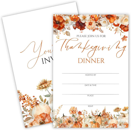Thanksgiving Invitations - Floral Pumpkin Design Card with Envelopes And RSVP Cards - You're Invited 20Pcs Fill In Friendsgiving Invitations Cards For Family & Friends(4 x 6 Inch) (028)