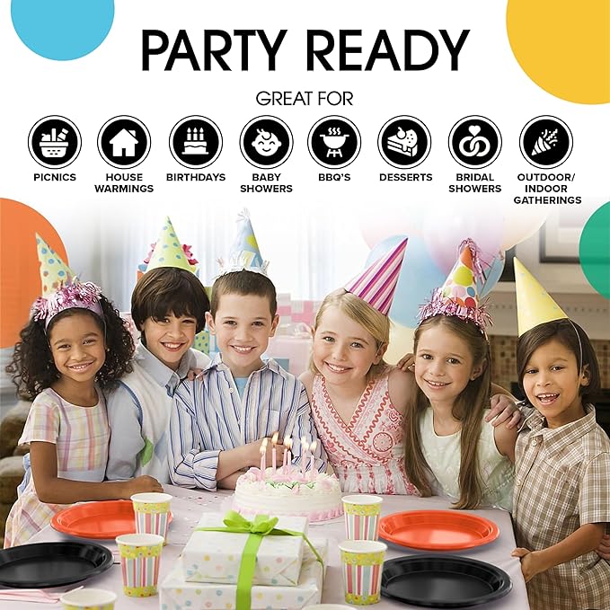 Party Solids Black & Orange Plastic Plates For Party Supplies, Black & Orange Disposable Plates 100 Pcs - 50-7" & 50-9" Heavy Duty 350 GSM Disposable Dinnerware Sets, Plastic Dinnerware Sets