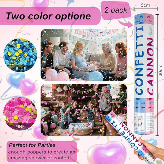 2 Pack Gender Reveal Confetti Cannon, 12 in Pink Square shaped Paper Party Poppers Cannons, Confetti Poppers For Baby Girl Gender Reveal Baby Showers (Square, Pink)