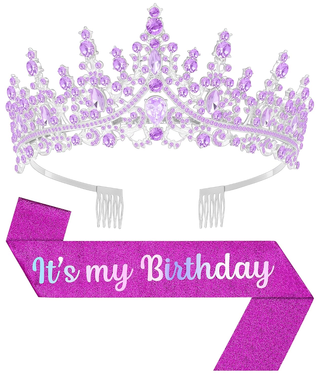 Birthday Tiara and Crown with Sash, Birthday Tiara for Women Party (Purple)