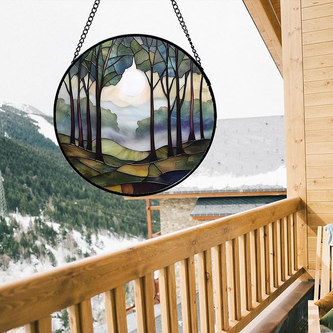 Stained Glass Window Hanging, Green Brown Smoke Forest Moon Suncatcher for Doors Window Home Tree Sun Catchers Decor Mother's Day Birthday Gifts for Women, Men Mom 9.8 in
