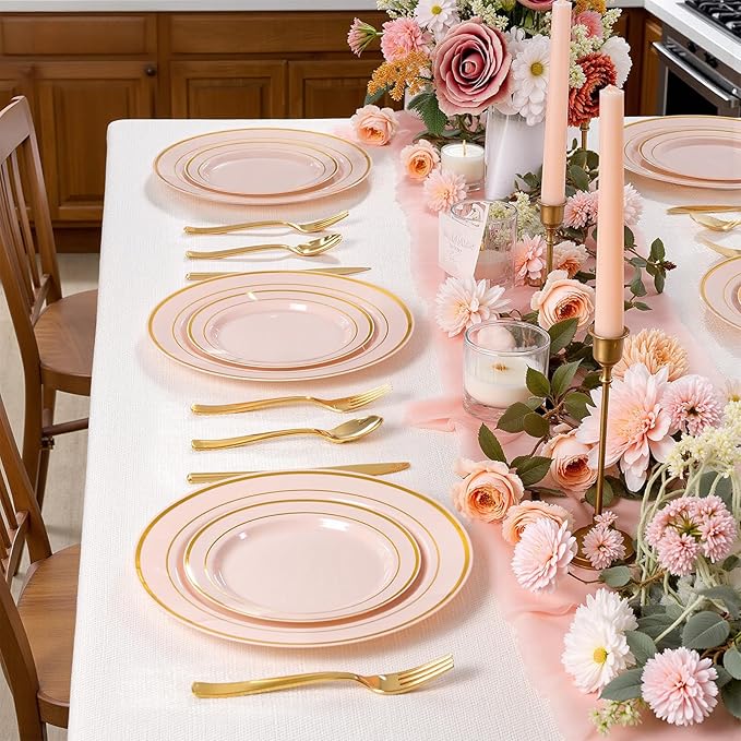 100PCS Pink Plastic Plates, 10 Inch Disposable Dinner Plate Party with Gold Rim, Heavy Duty Disposable Plastic Plates for Party, Wedding & Birthday & Valentine's Day