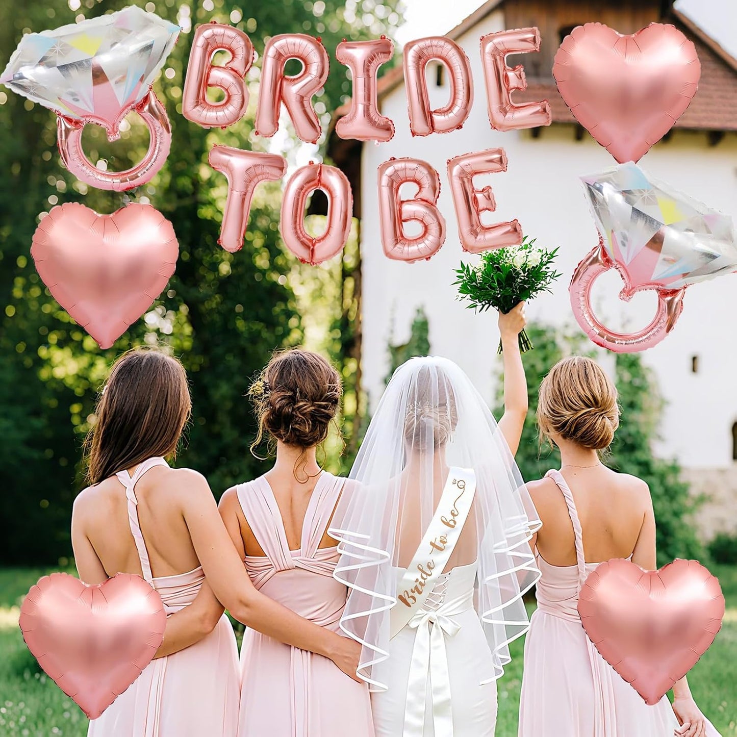 Rose Gold Bachelorette Party Decorations, Rose Gold Bride to Be Banner Heart Balloon with Diamond Ring Foil Balloon, Bride to Be Sash&Veil for Bachelorette Engagement Gift Bridal Shower Party Supplies