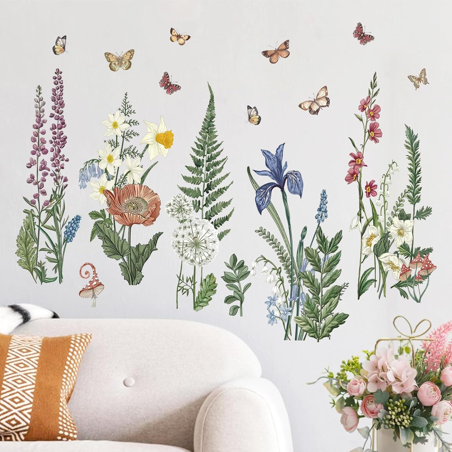 Yovkky Spring Summer Flower Fern Plants Wall Decals Stickers, Natural Botanical Floral Butterfly Home Bedroom Decor, Plant Wildflower Seasonal Living Room Kitchen Decorations Art