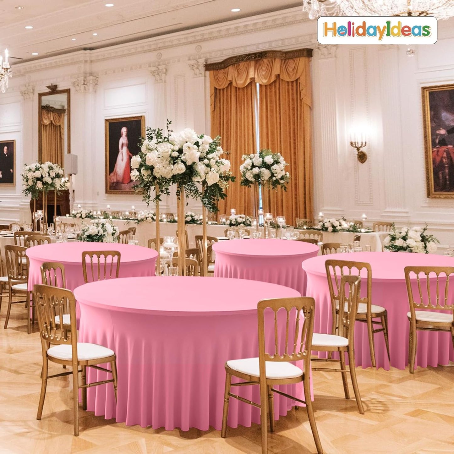 HolidayIdeas 60 Inch Pink Spandex Round Table Skirts,Fitted Stretch Tablecloths for Round 5 ft Table, Wrinkle-Free Ruffle Design Tablecloths for Banquets,Trade Shows, Parties, Events, 6 Pcs