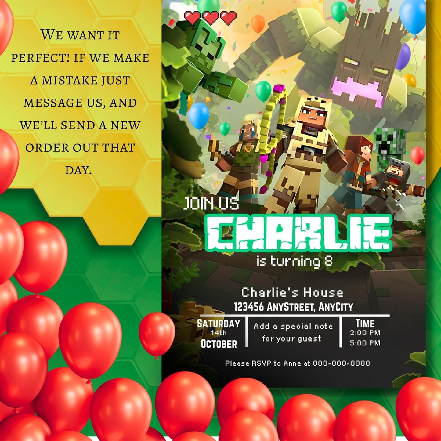 Fully Customizable minecraft Birthday Party Invitations, 4 x 6 inches, with Self-Sealing Envelopes, Gaming Theme Design, minecraft Birthday Invitations for Boys and Girls (Minecraft/Jungle)