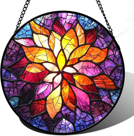 Stained Glass Window Hanging, Fuchsia Abstract Flowers Suncatcher for Window Home Decor Orange Sun Catcher Mother's Day Birthday Gifts for Women Men Mom Nana 6.3 in