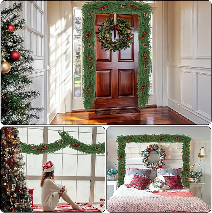 2 Pack 6FT Christmas Norfolk Pine Garlands with Pine Cone Real Touch Christmas Garland Artificial Greenery Garland for Fireplace, Table, Wall, Stairs, Outdoor Holiday Décor