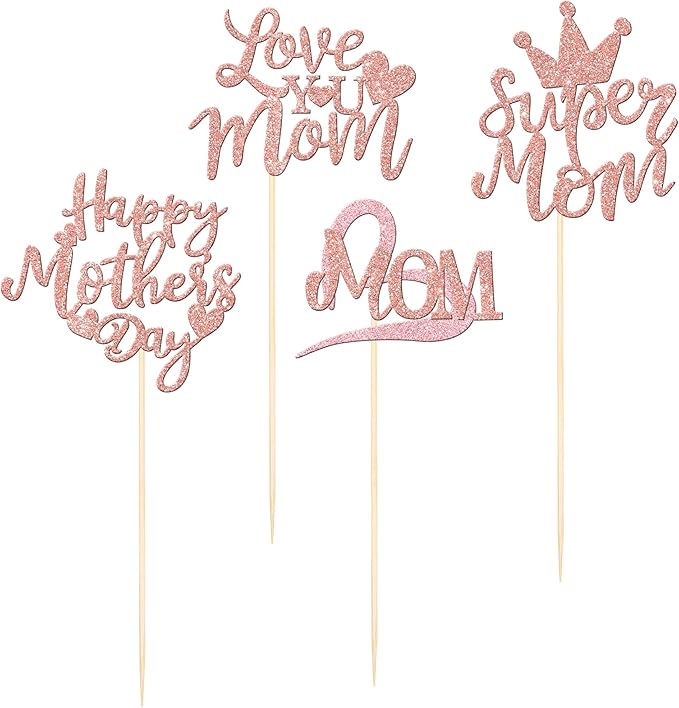 12 PCS Happy Mother's Day Centerpiece Sticks Double Sided Love Super Mom Best Mom Centerpieces for Happy Mother's Day Theme Table Flower Decorations Women Birthday Party Supplies Rose Gold