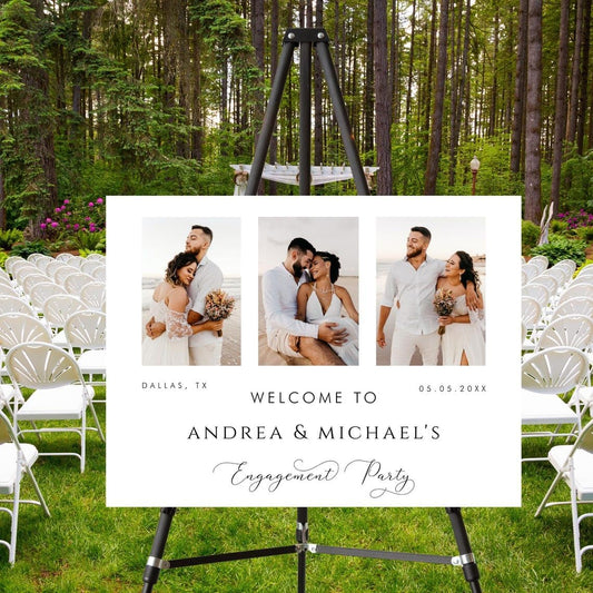 Engagement Party Welcome Sign - Custom Minimalist White Black Engagement Party Sign