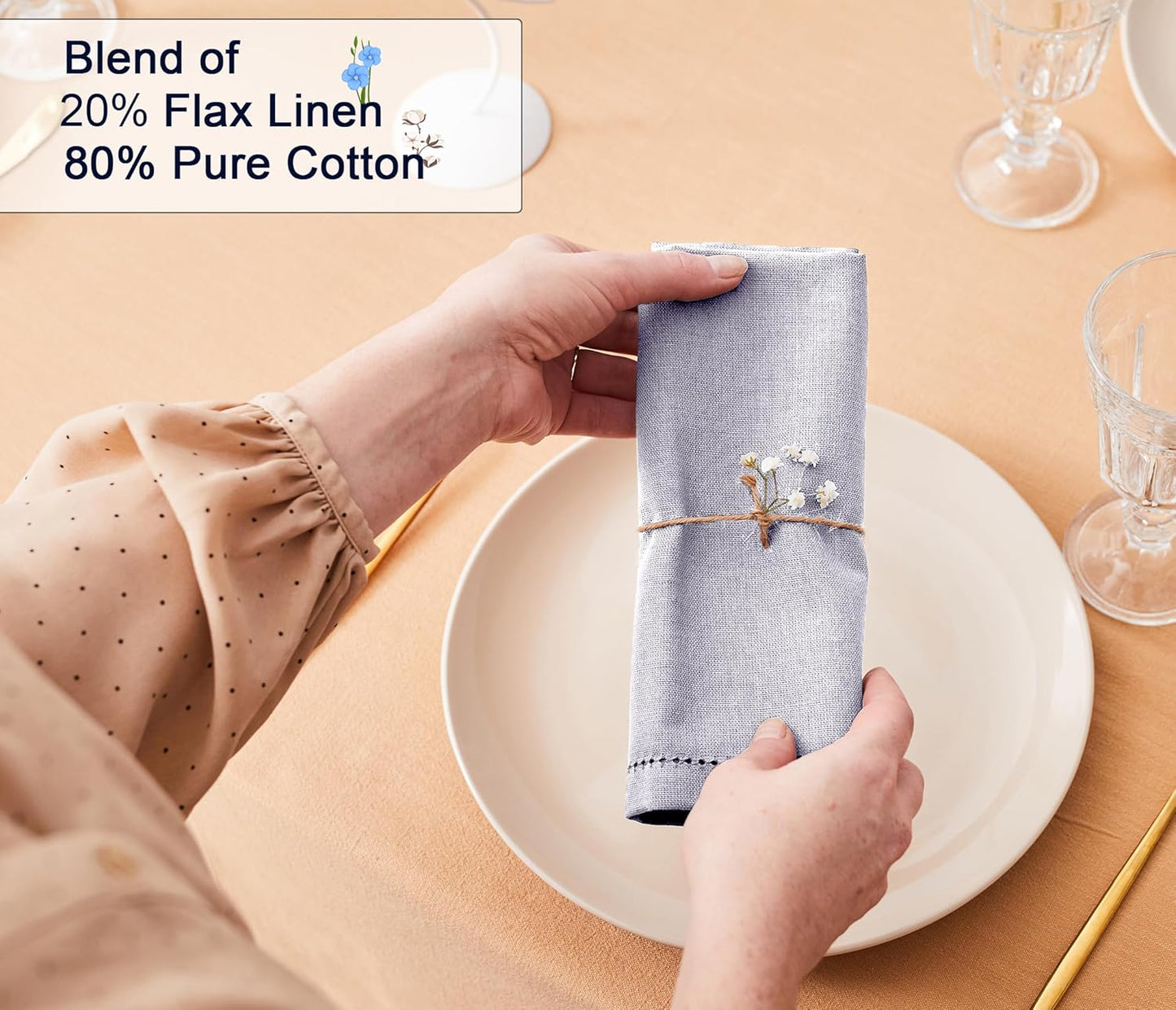 Ruvanti Premium Linen Napkins Set of 6-20x20 Inch, Classic Hemstitch, Mitered Corner Cloth Napkins ‎‎- Soft, Elegant Dinner Napkins Cloth Washable for Weddings, Parties, Everyday Use - Lavender Grey