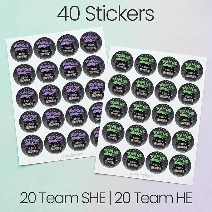 Baby is Brewing Halloween Gender Reveal Party - Bubbling Witch Cauldron Team He or Team She - 40 Stickers - Purple Green