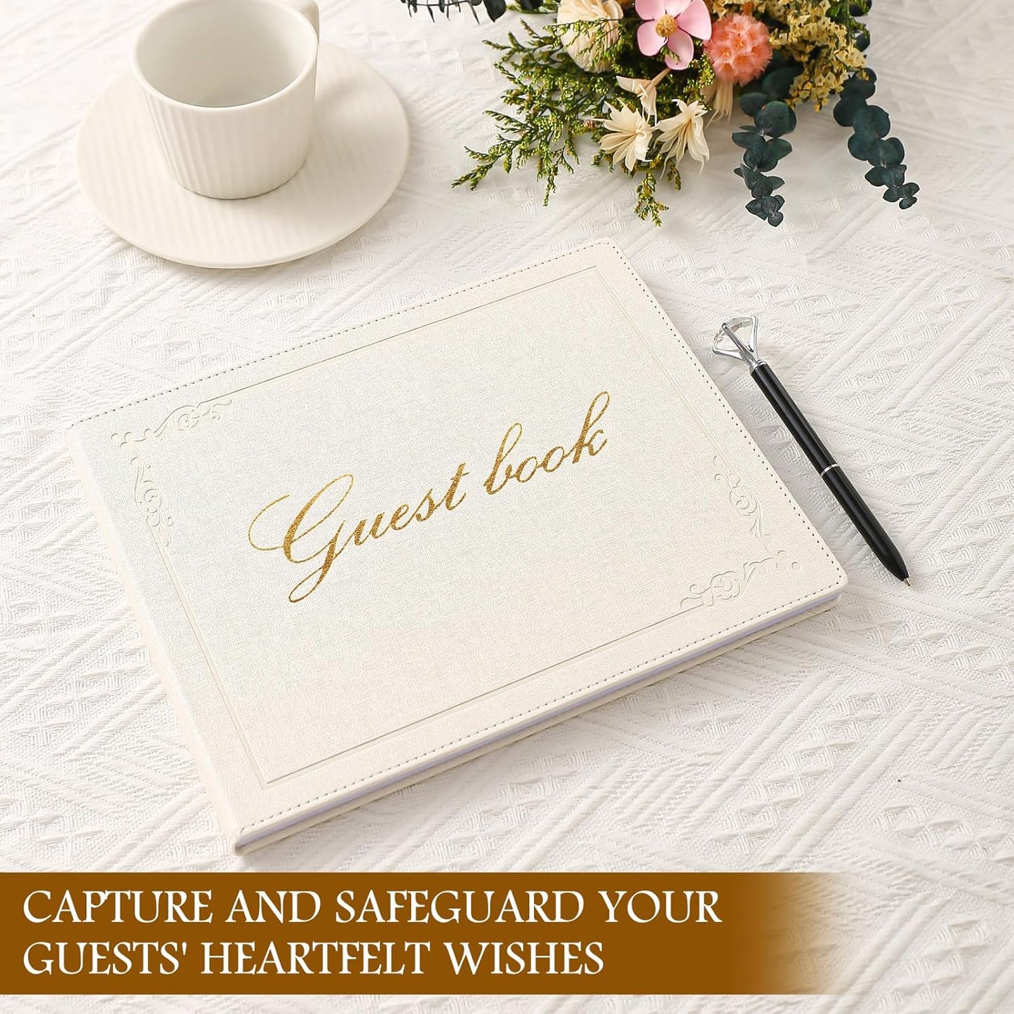 8x10 Leather Guest Book and Standup Sign Set, Gold Foiled Cover Registry Book for Wedding Reception, Retirement Party, Vacation Homes and Events, 120 Sheets (White Blank)
