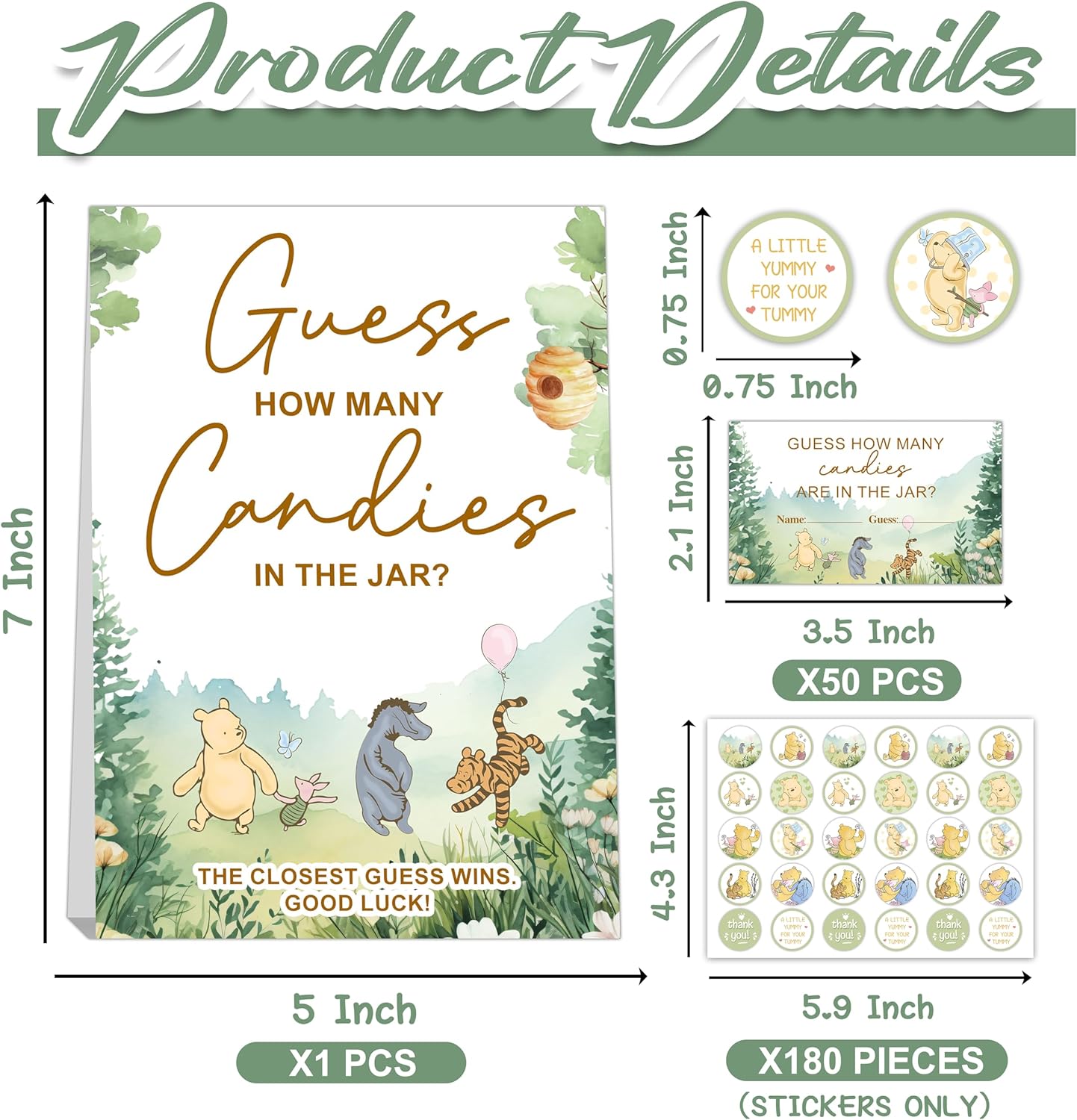 ALodr Winnie the Pooh Baby Shower Game: Guess How Many Candies, Standing Sign, 50 Cards, 180 Stickers, All Ages