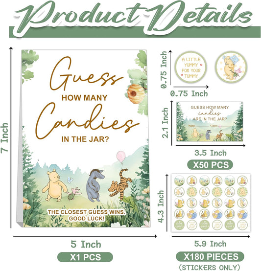 ALodr Winnie the Pooh Baby Shower Game: Guess How Many Candies, Standing Sign, 50 Cards, 180 Stickers, All Ages