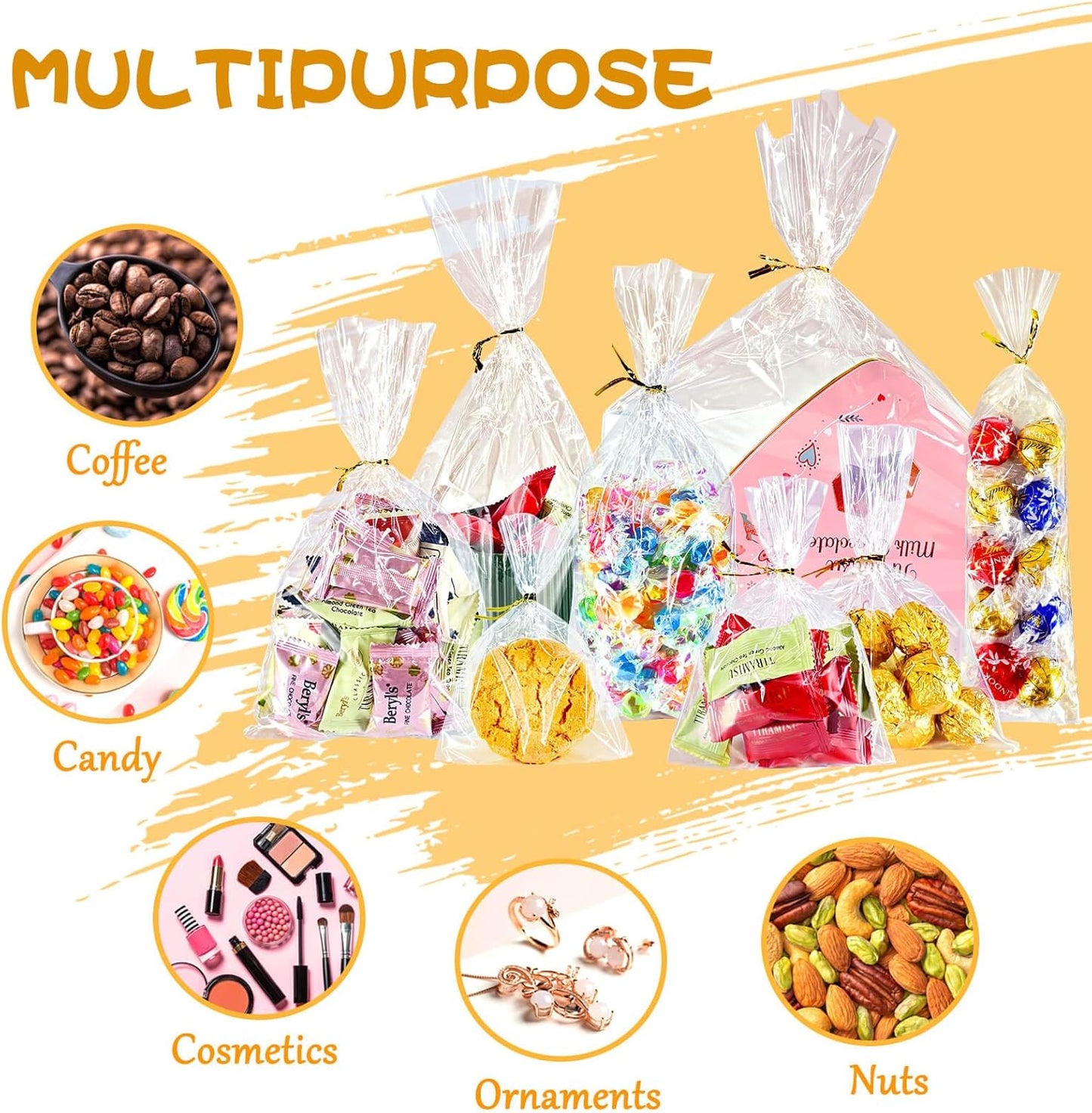 Cherodada 5"x 11", 200Pcs Cellophane Treat Bags with Twist Ties for Gift Wrapping, Wrapping Candies, Cookies, Chocolates, Popcorn