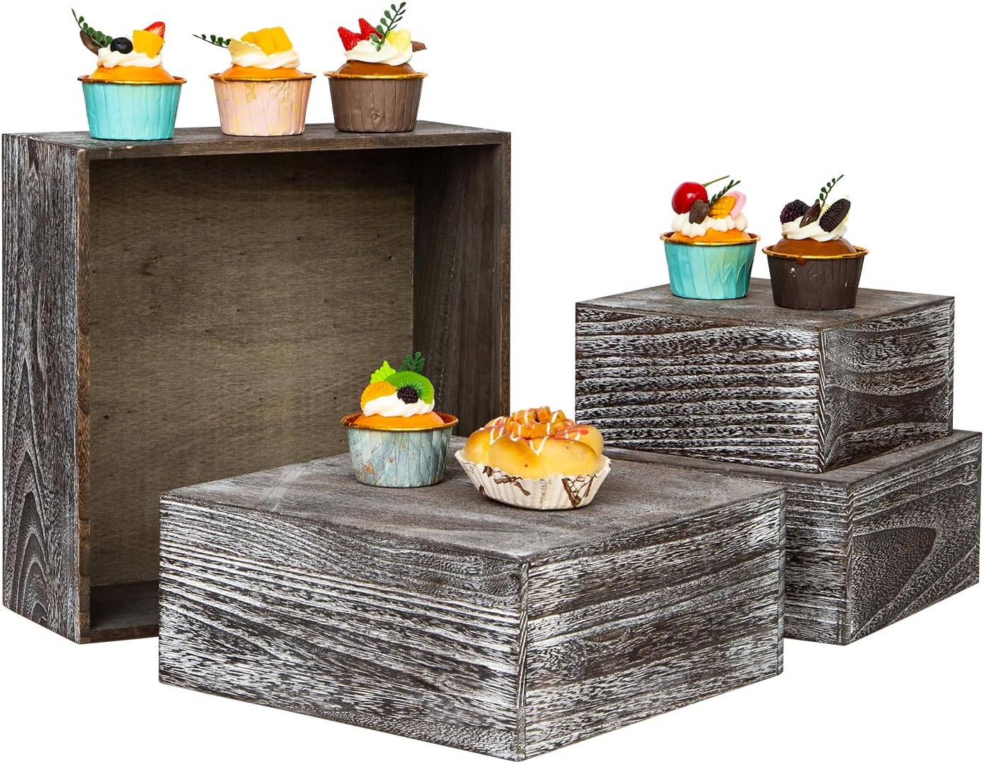 Vintage Brown Square Wooden Cake Stands For Display,Set Of 4 Wood Cupcake Stands Risers, 12 Inches Rustic Wood Crates For Wedding Cake Display,Square Wooden Display Risers For Home Decor . (Vintage Black)