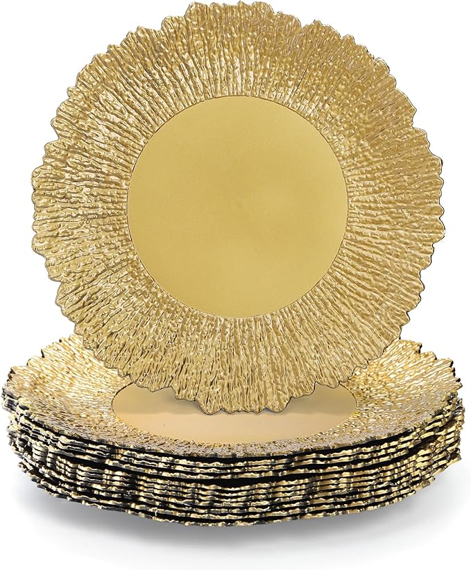 Coloch Set of 12 Plastic Charger Plates, 13" Reusable Reef Serving Chargers for Dinner Plate Round Shiny Decorative Charger Plate for Wedding, Catering, Parties, Christmas, Home Dinner Use (Gold)