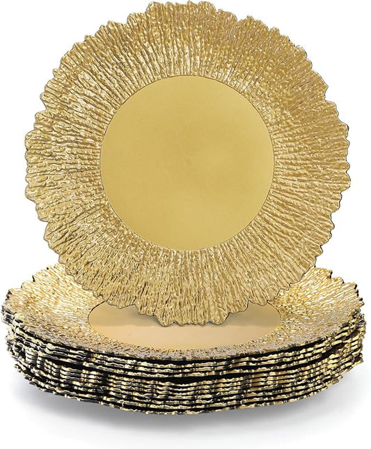 Coloch Set of 12 Plastic Charger Plates, 13" Reusable Reef Serving Chargers for Dinner Plate Round Shiny Decorative Charger Plate for Wedding, Catering, Parties, Christmas, Home Dinner Use (Gold)