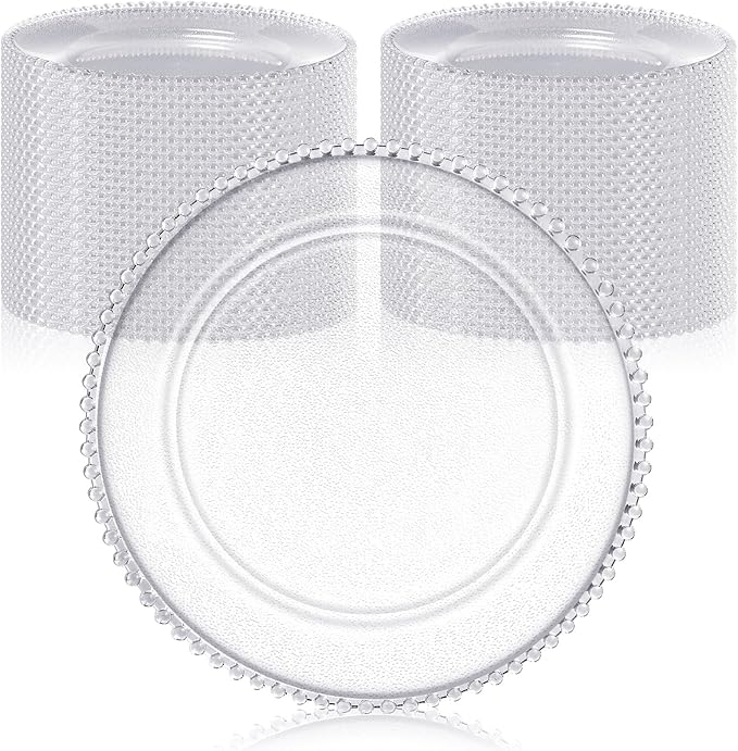 Hoolerry 50 Pack Clear Charger Plates Bulk 13 Inch Plastic Round Beaded Dinner Chargers Acrylic Frosted Grain Decorative Service Plates for Wedding Party Event, Home and Kitchen Tabletop (Transparent)