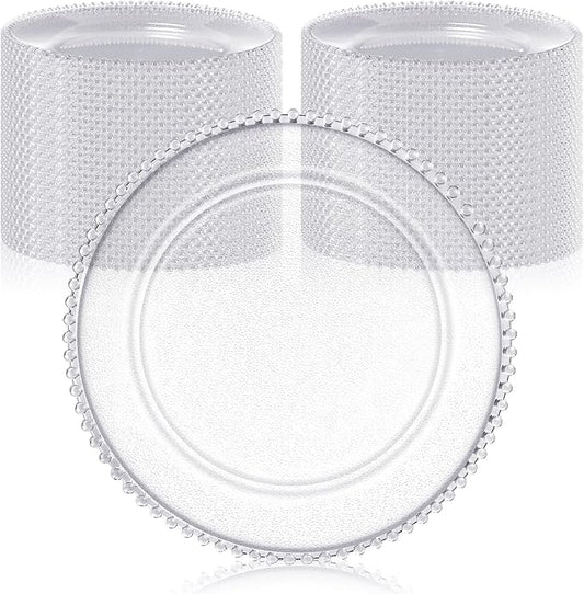 Hoolerry 50 Pack Clear Charger Plates Bulk 13 Inch Plastic Round Beaded Dinner Chargers Acrylic Frosted Grain Decorative Service Plates for Wedding Party Event, Home and Kitchen Tabletop (Transparent)