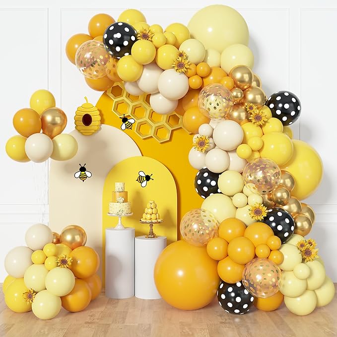 Amandir 153pcs Bee Balloon Arch Garland Kit, Different Sizes 18 12 10 5 inch Mustard Pastel Yellow Gold Confetti Balloons for What Will It Bee Gender Reveal Sunflower Honey Birthday Party Decorations