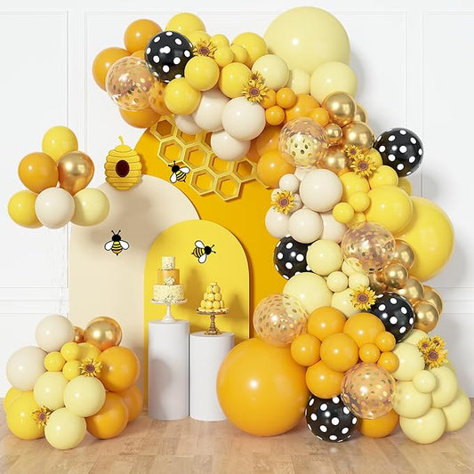 Amandir 153pcs Bee Balloon Arch Garland Kit, Different Sizes 18 12 10 5 inch Mustard Pastel Yellow Gold Confetti Balloons for What Will It Bee Gender Reveal Sunflower Honey Birthday Party Decorations