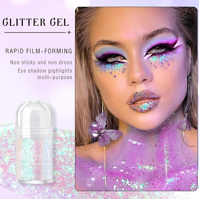 HOSAILY Roll-on Holographic Body Glitter Gel for Face Hair, Chameleon Color Changing Glitter Gel Under Light, Chunky Mermaid Sequins Festival Party Rave Accessories Shimmer Makeup (11# Mermaid)