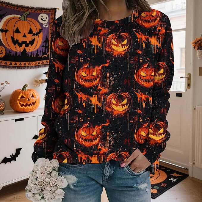 LIZALIG Pullover Cute Sweatshirt Orange Skeleton Fall Festive FunWomens Design Bat Holiday Party Outings Pumpkin Print