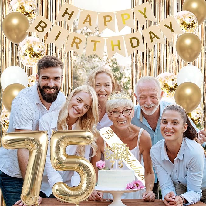Trgowaul 75th Birthday Decorations for Women, Banner, Sash and Crown, Cake Topper, 75 Number Balloon, Fringe Curtains, Champagne Gold 75th Birthday Party Supplies