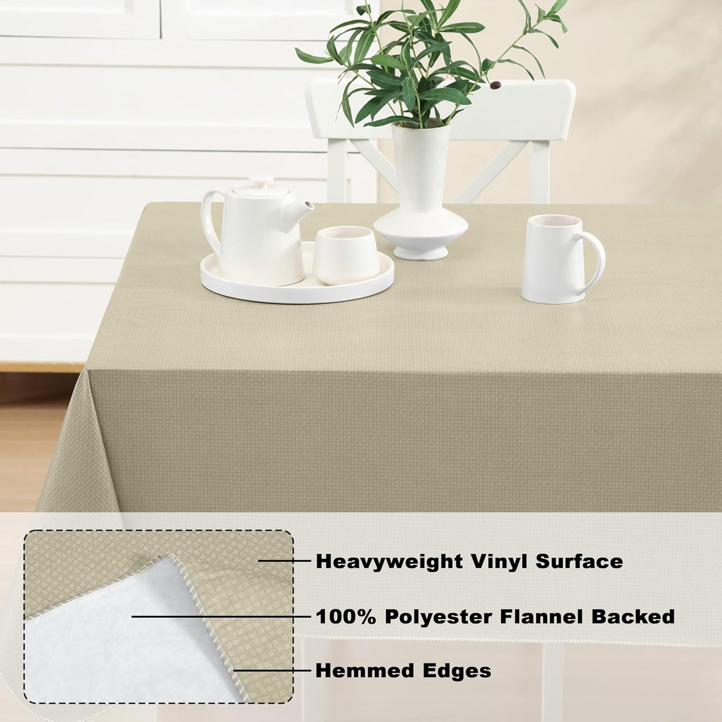 Newbridge Basketweave Vinyl Flannel Backed Tablecloth, 52 x 70 Inch Rectangle, Natural, Basket Weave Textured Indoor Outdoor Waterproof Table Cover for Patio, Kitchen, Dining