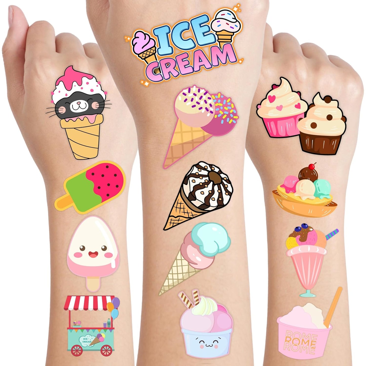 8 Sheets (96PCS) Ice Cream Temporary Tattoos Birthday Party Decorations Favors Tattoos Stickers Cute Party Supplies Kids Girls Boys Gifts Classroom School Prizes Themed