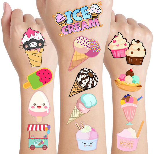 8 Sheets (96PCS) Ice Cream Temporary Tattoos Birthday Party Decorations Favors Tattoos Stickers Cute Party Supplies Kids Girls Boys Gifts Classroom School Prizes Themed