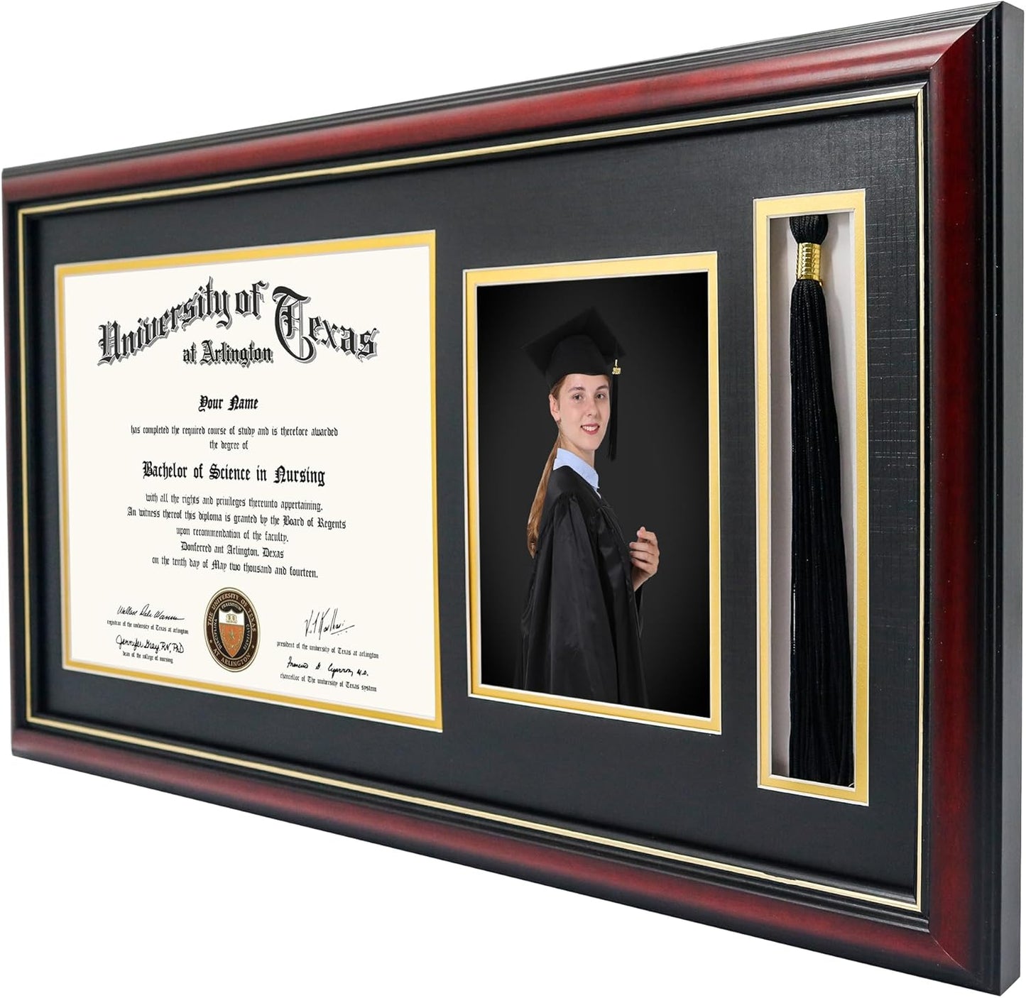 GraduationMall 11x22 Cherry Diploma Frame with Tassel Holder and Picture for 8.5x11 Certificate 5x7 Photo,Tempered Glass,Black over Gold Mat