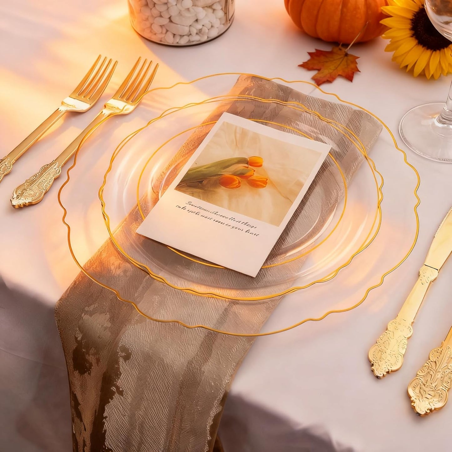 WDF 100pcs Clear Disposable Plastic Plates With Gold Trim - Baroque Clear Gold for Parties or Wedding or Thanksgiving - including 50PCS Dinner Plates 10.25inch and 50PCS Salad Plates 7.5inch
