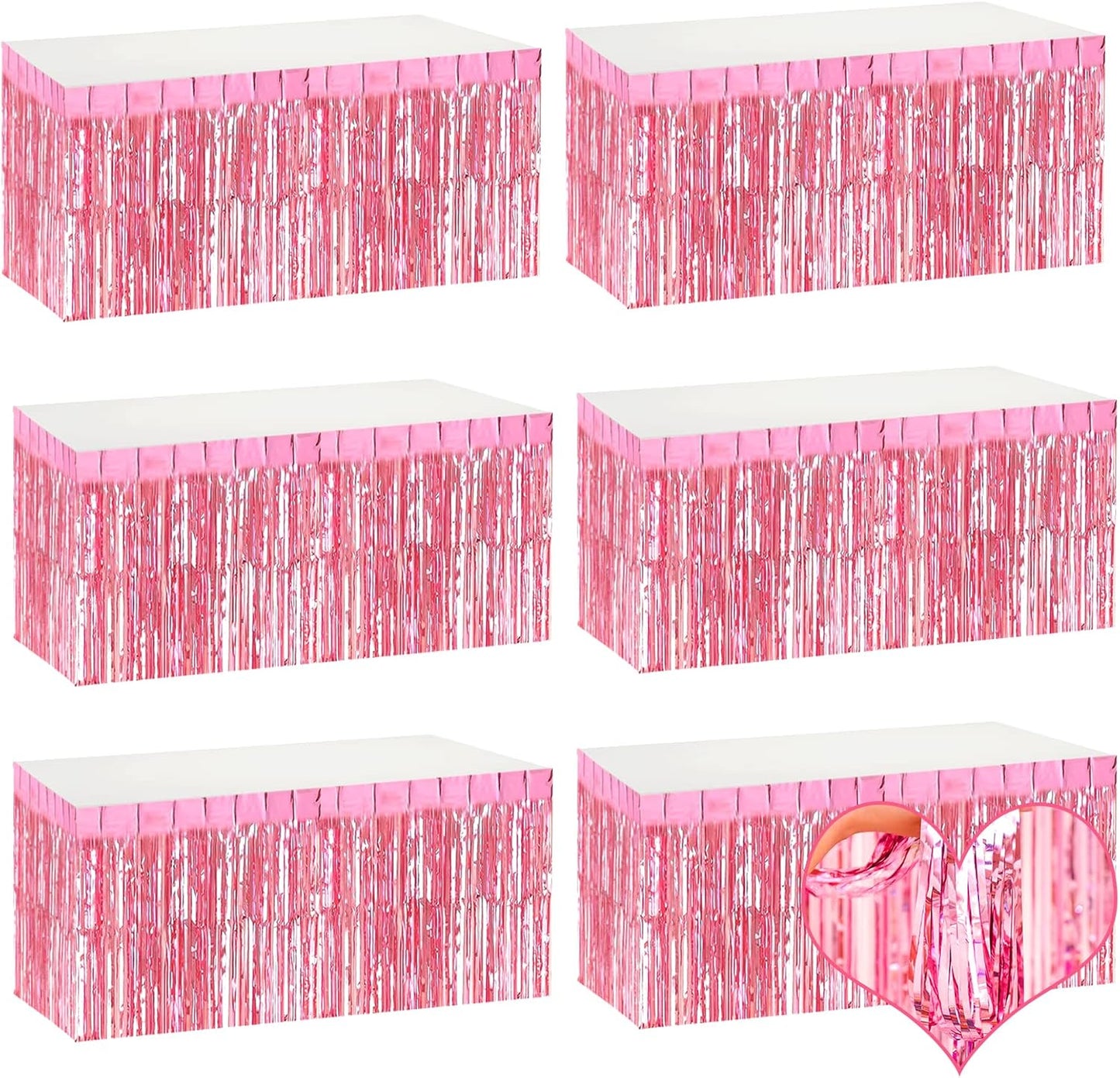 6 Pack 29x108 Inch Pink Metallic Foil Fringe Table Skirts Banner for Tinsel Streamer Garland Curtains Backdrop for Parade Floats Wedding Baby Shower Birthday Christmas Halloween Party Decoration
