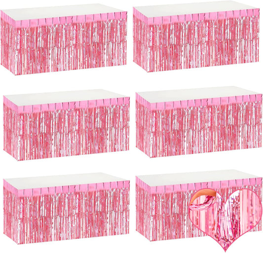 6 Pack 29x108 Inch Pink Metallic Foil Fringe Table Skirts Banner for Tinsel Streamer Garland Curtains Backdrop for Parade Floats Wedding Baby Shower Birthday Christmas Halloween Party Decoration