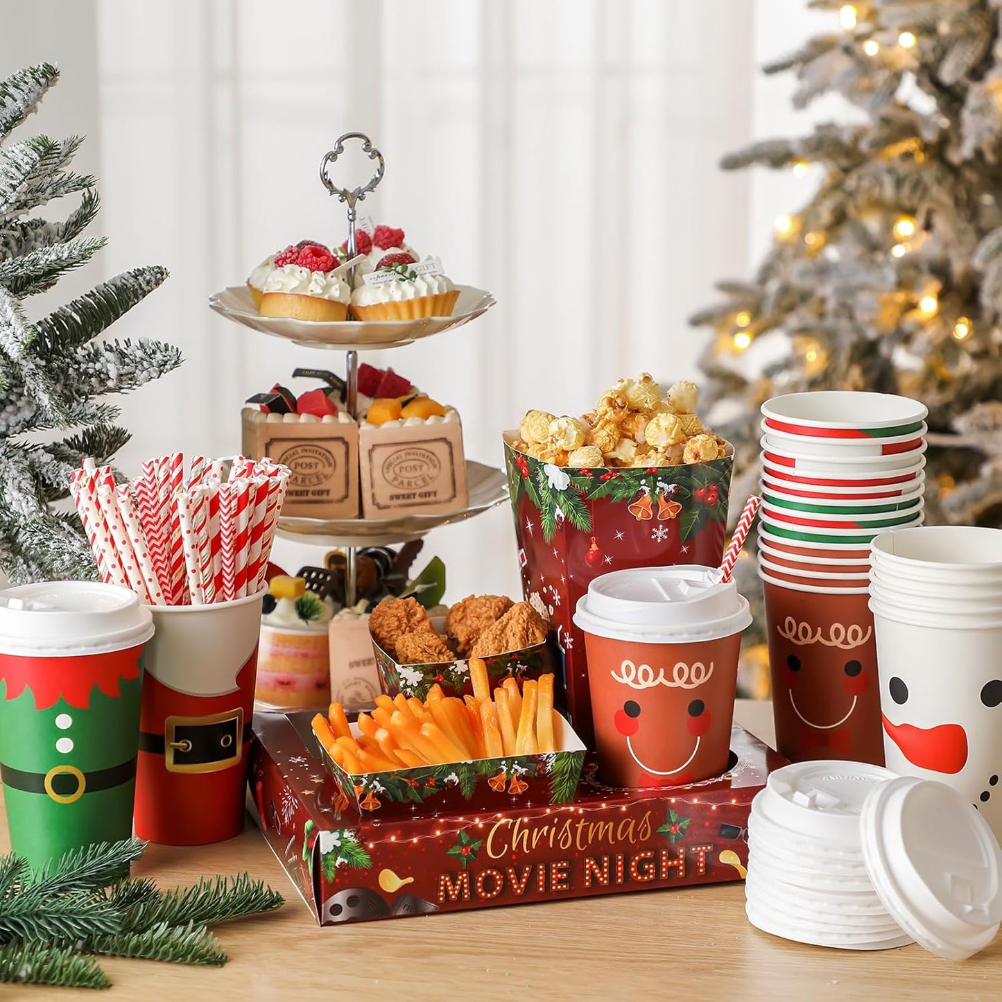 Bokon 172 Pcs/ 24 Sets of Christmas Movie Night Snack Trays 3 Sizes Snack Boxes, 16 oz Disposable Drinks Cups, 50 Straws, Complimentary Sealing Stickers for Cinema Party Decoration(Paper,Snow)
