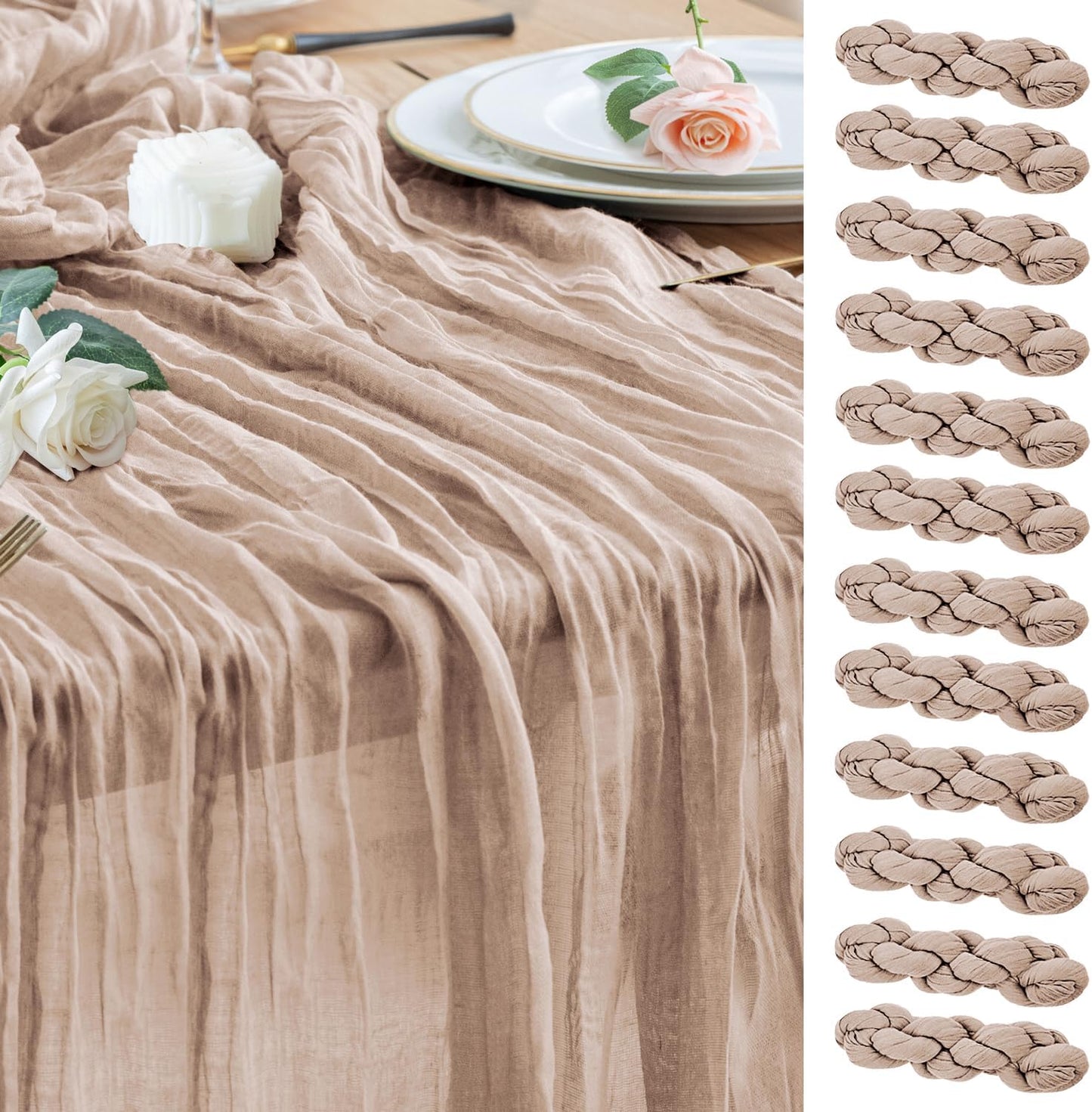 Wokceer Cheesecloth Table Runner 12Pack 10FT Nude Pink Christmas Gauze Cheese Cloth Table Runner for Party Long Rustic Sheer Table Runners for Baby Bridal Shower Wedding Easter Table Decor