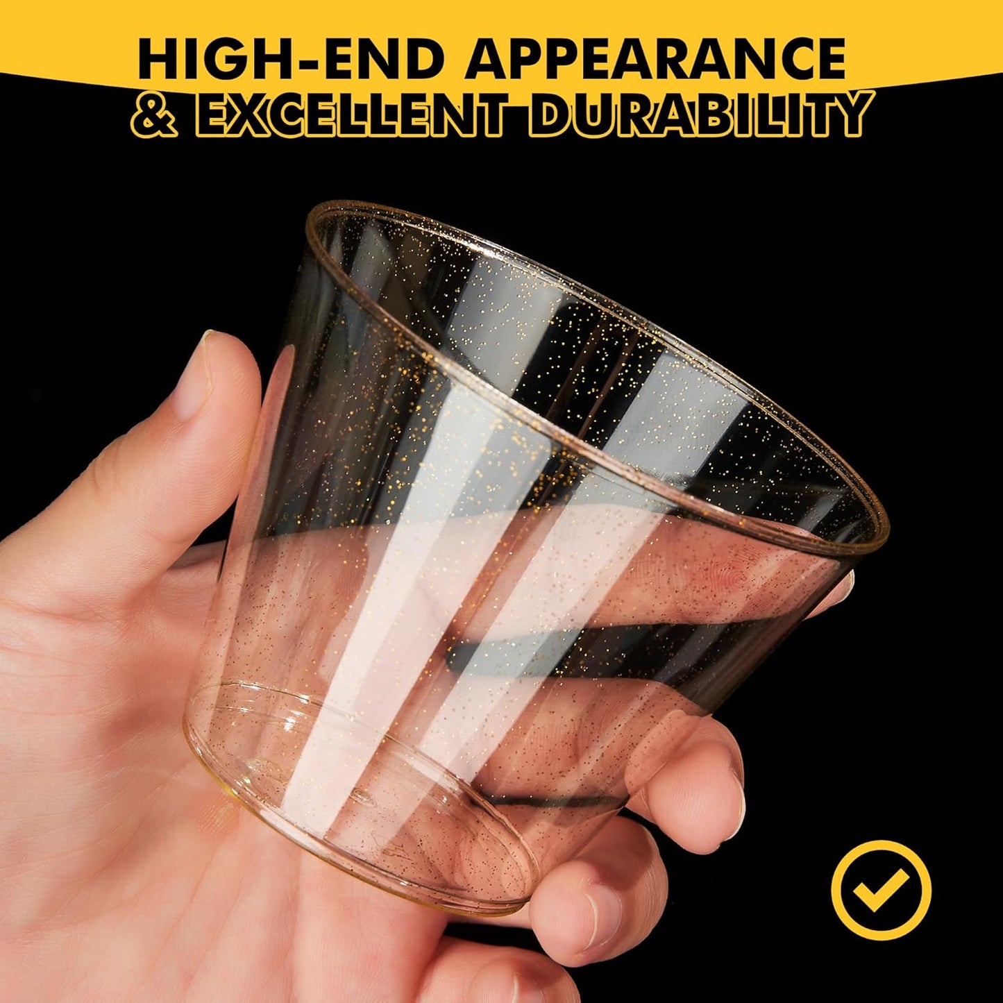 RACETOP 200 Pack 9 oz Gold Plastic Cups Tumbler, Disposable Cups with Gold Glitter for Party, Heavy-duty Clear Plastic Wine Glasses, Disposable Wedding Cups