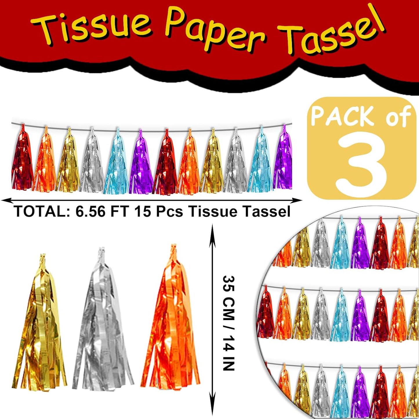3P Lake Blue Orange-Red-Gold-Silver-Purple Tassel Banner Garland Metallic Foil Fringe Banner Tinsel Tassels Streamer Banner Backdrop for Parade Floats,Graduation Wedding Party Decorations